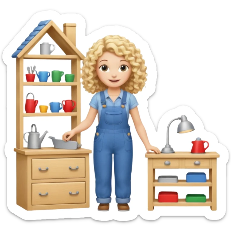 smiling blonde curly woman arranging furniture in doll house with overalls sticker