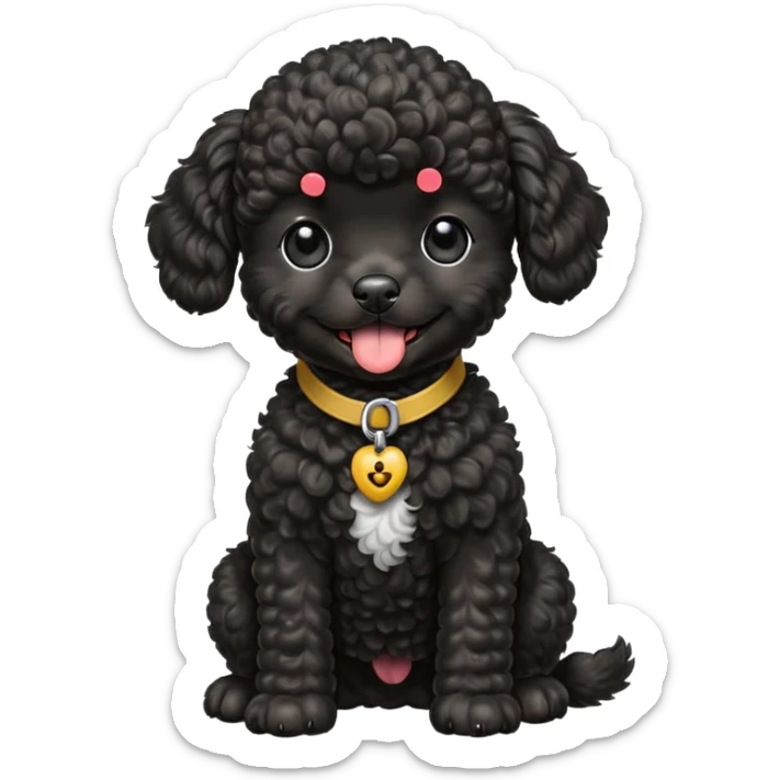 A high-resolution square-format digital illustration of a black toy poodle puppy in a clean, emoji-inspired semi-realistic style. The poodle is shown from the chest up, facing forward with a slight tilt of the head to the left, tongue out playfully. sticker