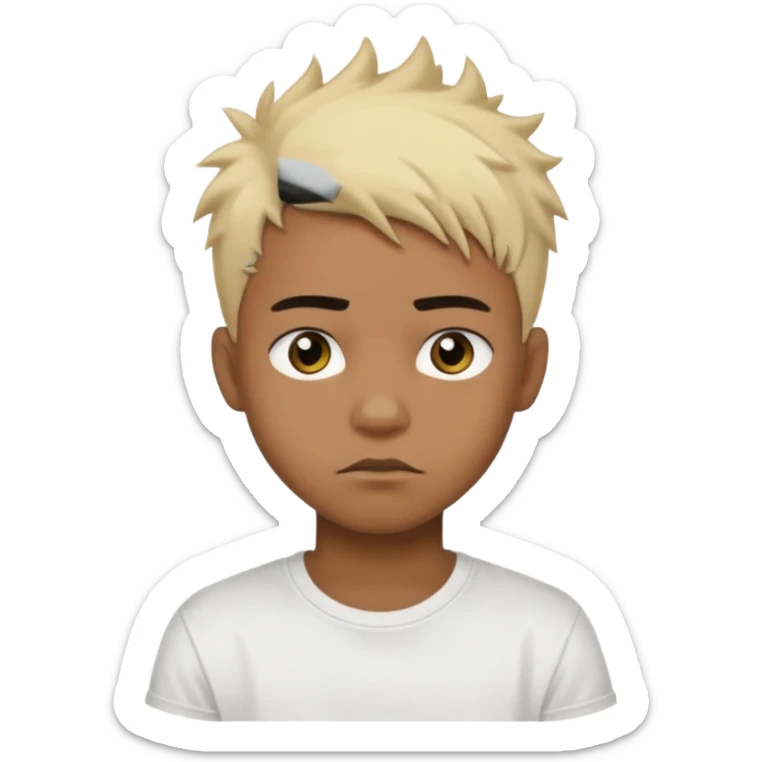 Black Male Teenager with Short punk messy blonde hair, Dark brown bushy eyebrows large expressive golden-brown eyes, wearing a plain white t-shirt, Dark Brown skin color. sticker