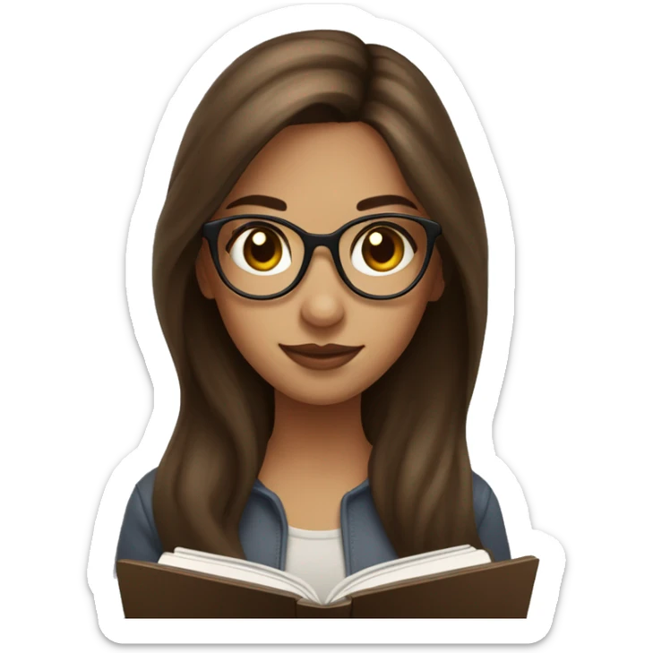 Girl with long brown hair and hazel eyes with brown glasses reading a kindle sticker