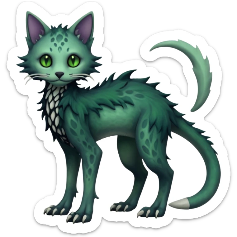 Scaley Kawaii spectral spooky dark bleak blackish swampy white-skeletal gloomy ghostly dark greyish dark-deep-greenish foggy eldritch beautiful realistic edgy fantasy ghoul-like stitched feline-vernid-sergal-fursona animal creature with a tufted tail full body with intricate markings  sticker