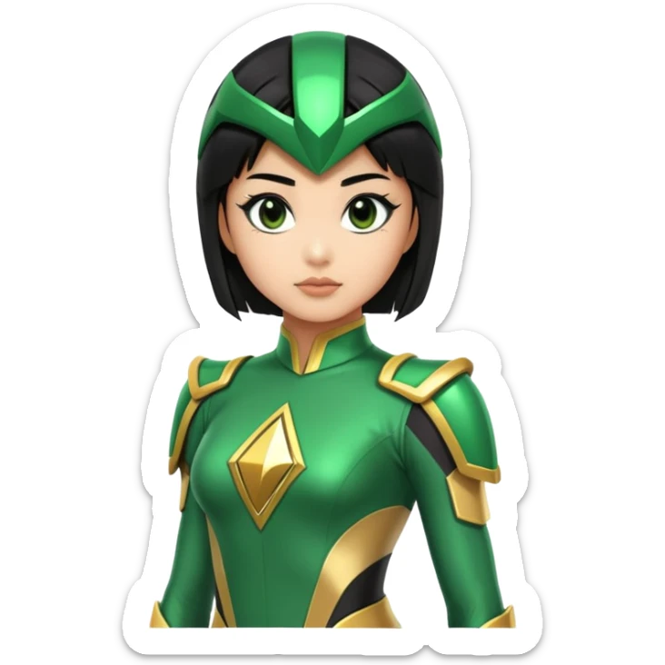wasian girl in a green Power Ranger suit, black straight hair, black eyes sticker