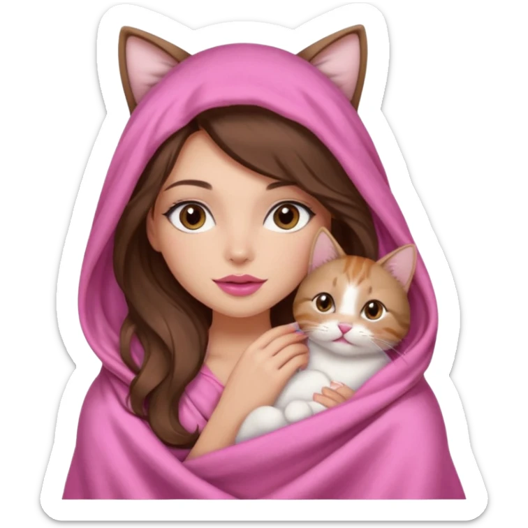 girl with long wavy brown hair, brown eyes, long lashes makeup, sexy pink lips, light to medium complexion, wearing a pink sexy silk top, big blanket over the head cozy holding a cat,  sticker