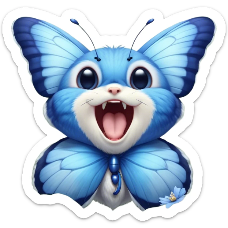 Cinematic Realistic Cute Yawning Blue Butterfly Portrait Emoji, Head tilted slightly with a dramatic, wide-open yawn, showcasing soft, downy sapphire wings with delicate, natural droop and half-closed, drowsy eyes rendered in exquisite detail, high shine, relaxed yet expressive, styled with a dash of subtle garden charm, soft glowing outline, capturing the essence of a sleepy yet affectionate blue butterfly that appears ready to rest its wings in quiet, enchanted slumber! sticker