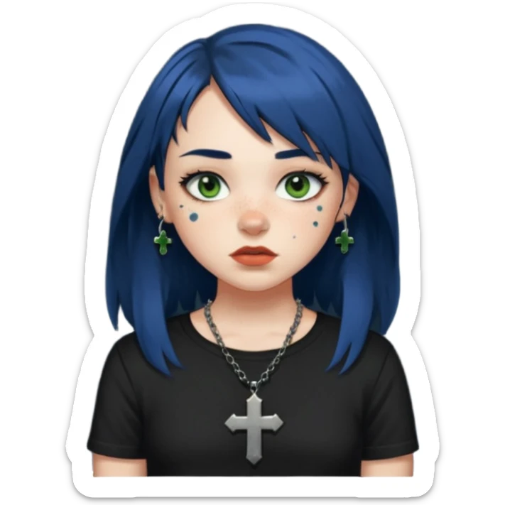 “Make an emoji of a girl with freckles on her cheeks, dark blue hair, greenish-brown eyes (more on the green side), black clothes, medium-sized lips, side curtain bangs, a punk cross necklace, and an Affliction shirt. sticker