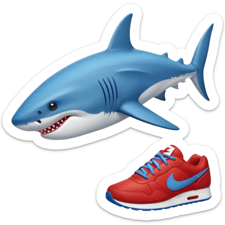 Un tiburón azul con zapatillas Nike rojas, mirando hacia la izquierda y un poco hacia abajo sticker