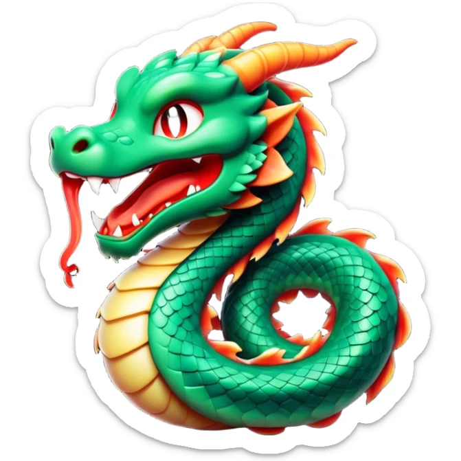 Cinematic Cute Yawning Chinese Serpent Dragon Portrait Emoji, Head gently inclined with a dramatic, wide-open yawn, revealing an elegantly elongated body with softly glowing jade and vermilion scales, enriched by subtle, ethereal cloud and ripple motifs; rendered with authentic detail and delicate natural light, high shine, relaxed yet wise, styled with a dash of ancient mystique, soft glowing outline, capturing the essence of a drowsy but venerable celestial dragon ready to drift into a serene, timeless slumber! sticker