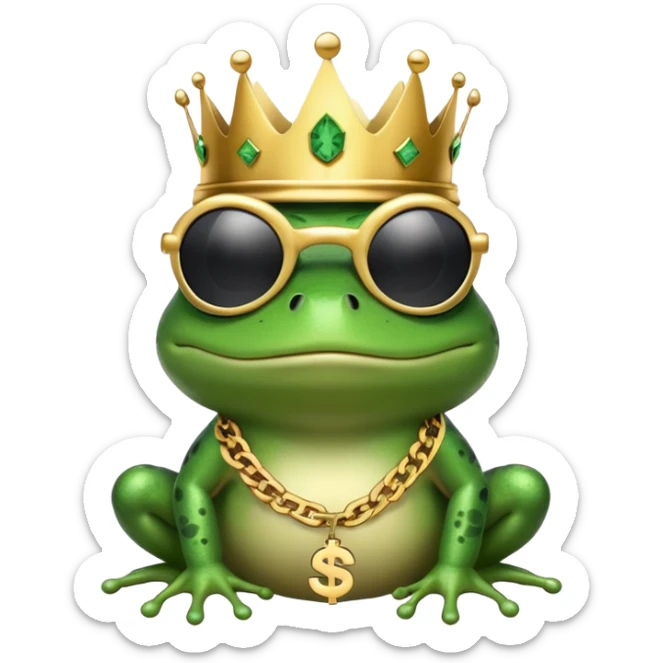 gangster frog wearing a gold crown, cool sunglasses, gold chain, dollar sign chain sticker