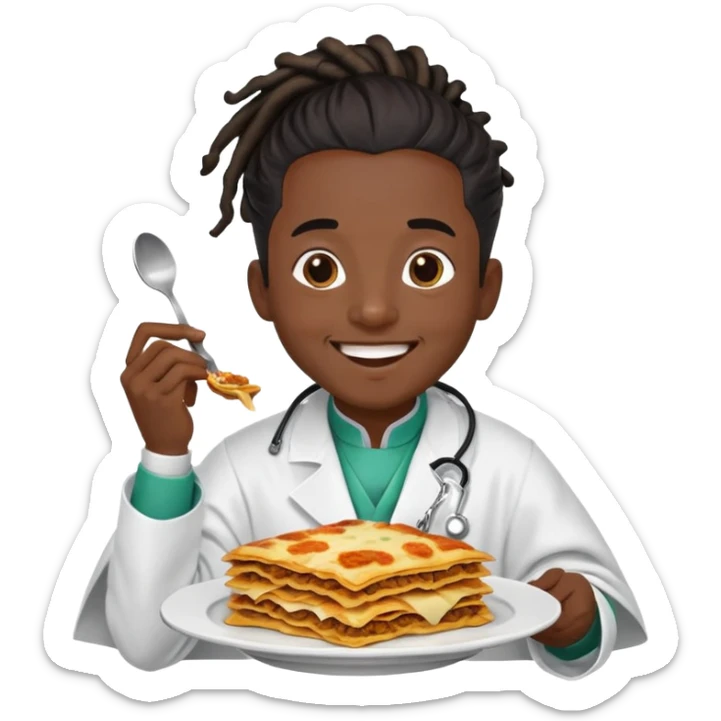  High fade ponytail dreadlock male black hair dark skin smiling doctor and nigerian cape eating lasagna  sticker