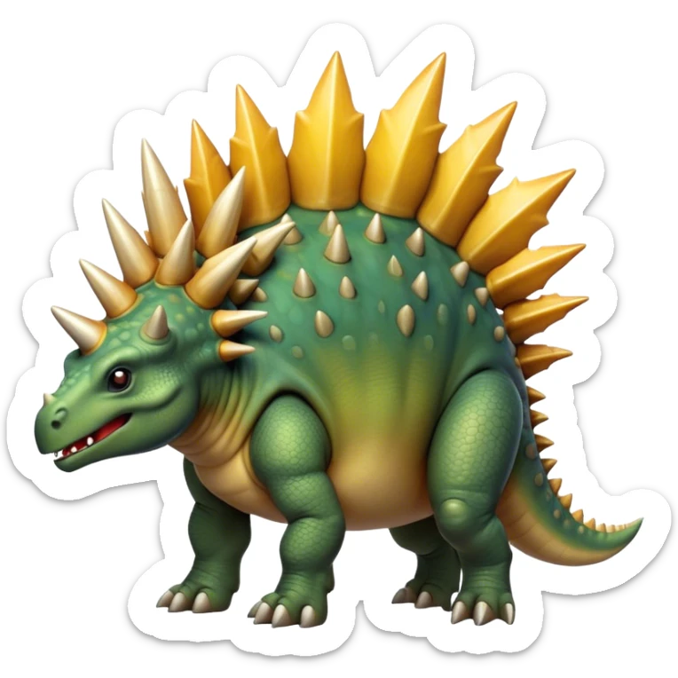 Cinematic Noble Stegosaurus Portrait Emoji, Poised and dignified, with a sturdy, low-slung body adorned by a distinctive row of bony plates along its back and a spiked tail, a small, determined head with observant eyes, Simplified yet sharply defined features, highly detailed, glowing with a soft, earthy radiance, high shine, intelligent and resolute, stylized with an air of ancient armored majesty, focused and alert, soft glowing outline, capturing the essence of a watchful and confident Stegosaurus that appears ready to lumber out of the screen with effortless authority! sticker