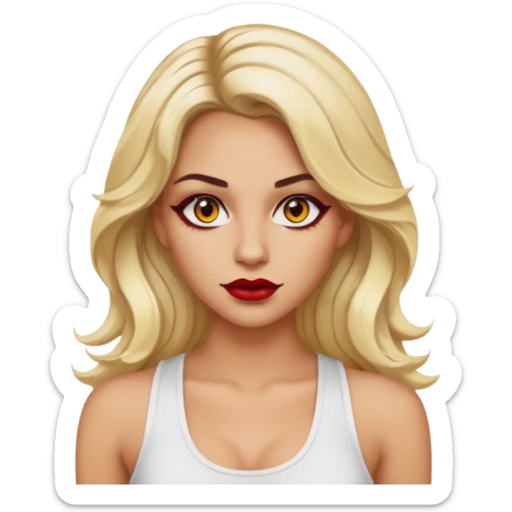 a woman with white tank top her hair is long wavy blonde hair, her face is baddie girl style, her eyes color are yellow and the color of her lip is red maroon sticker