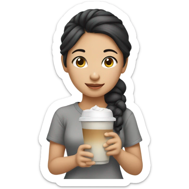 an asian girl with black hair tied in bun wearing a cute gray shirt holding a cup of iced coffee in her hand sticker