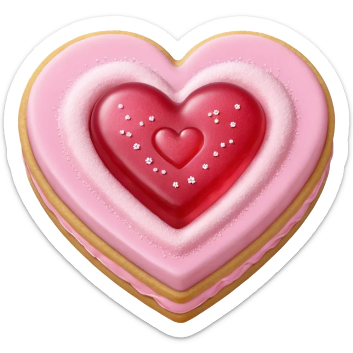 Realistic shortbread cookie in the shape of a heart with pale pink jelly middle filling and sprinkled powder sugar on top. sticker