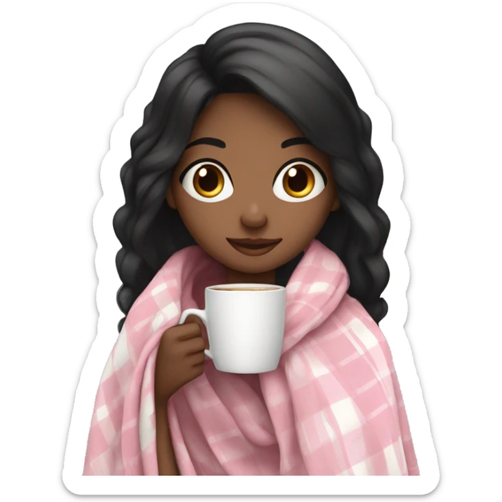 A cute black hair girl wrapped in pastel pink plaid blanket drinking coffee sticker