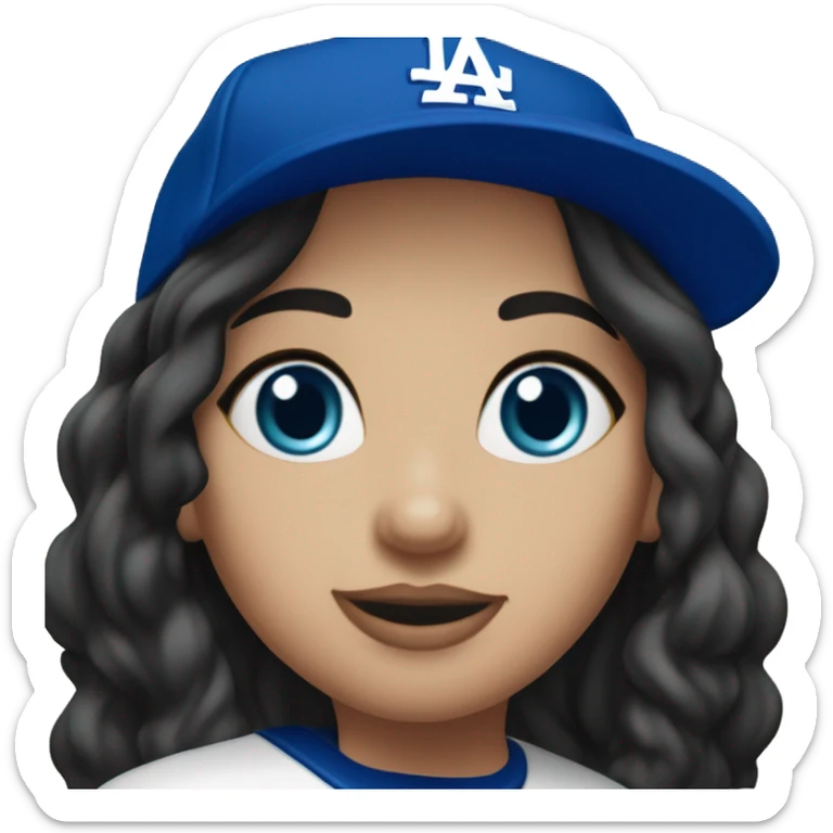 Woman, long black hair, fair skin, blue eyes LA Dodger hat birthday party sticker