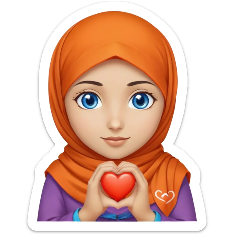 Turkish beautiful finish Konya girl blue eyes with orange lila hijab and hold heart in her hand  sticker