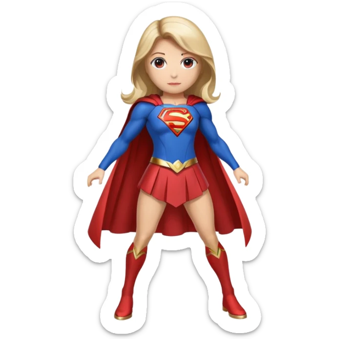 Supergirl superhero full body, blue suit with red cape and S emblem sticker