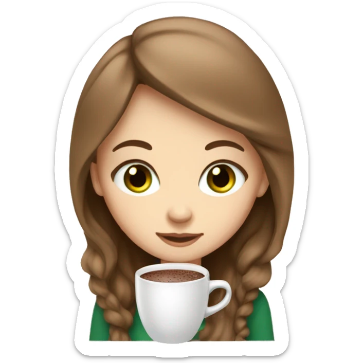 white girl with brown long hair green eyes and a hot chocolate sticker