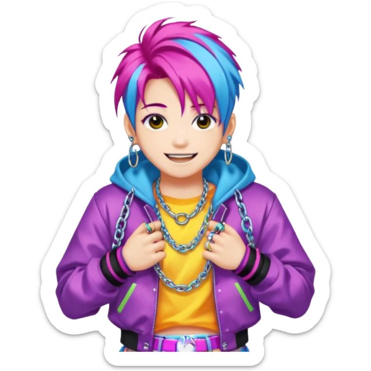  portrait-of-young-monster-idol-in-kpop-style,-wearing-flashy-streetwear-outfit,-colorful-dyed-hair,-confident-pose,-accessorized-with-chains- sticker