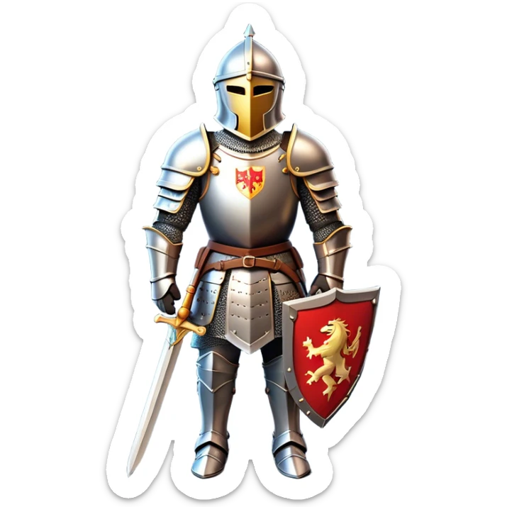 Clash of Clans aesthetic: Cinematic heroic Armored Knight Hero Emoji, rendered in a 3D vector-style similar to standard emojis with minimal shading and bold, simplified shapes. A compact, isometric warrior clad in gleaming plate armor with intricate heraldic details, softly glowing with a chivalrous medieval charm. Simplified yet unmistakably iconic, highly detailed and consistent, glowing with a soft radiant shine and high polish. Stylized with a touch of noble valor and a soft glowing outline, wearing a full face helm so that no face is visible with only eyes visible, capturing the essence of a gallant knight ready for honorable battle with a friendly, playful manner! sticker