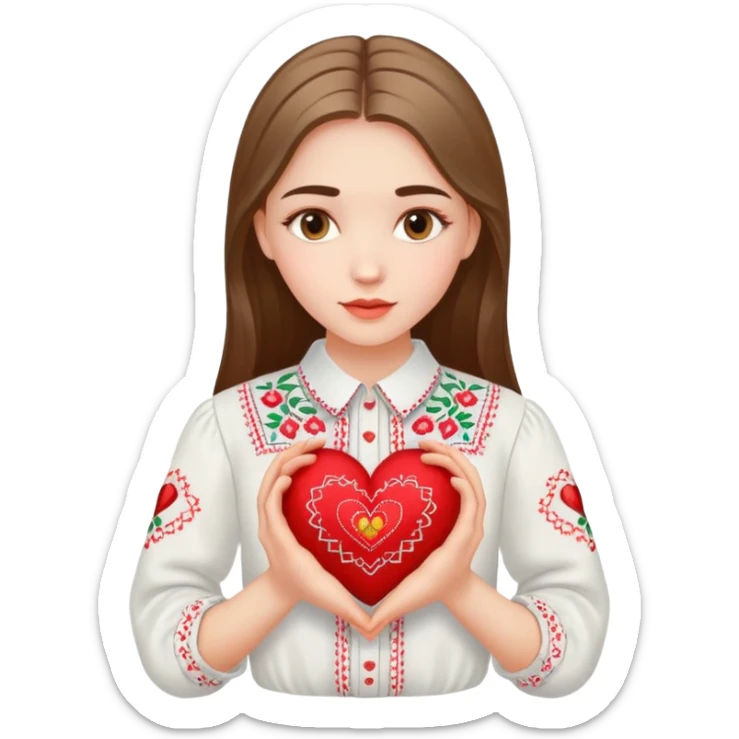 Beautiful young girl in a white Ukrainian embroidered shirt holds a large embroidered heart in her hands sticker
