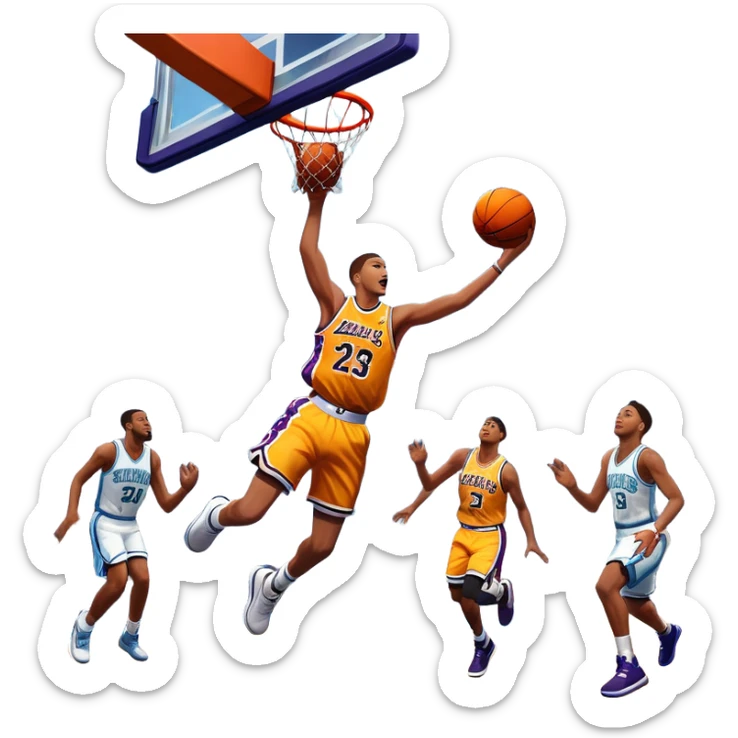 An icon showing a basketball court with players in action, inspired by NBA 2K25. A player jumps for a dunk, the ball mid-air, surrounded by a vibrant basketball arena with cheering fans and bright lights. Transparent background emphasizes the intense atmosphere sticker