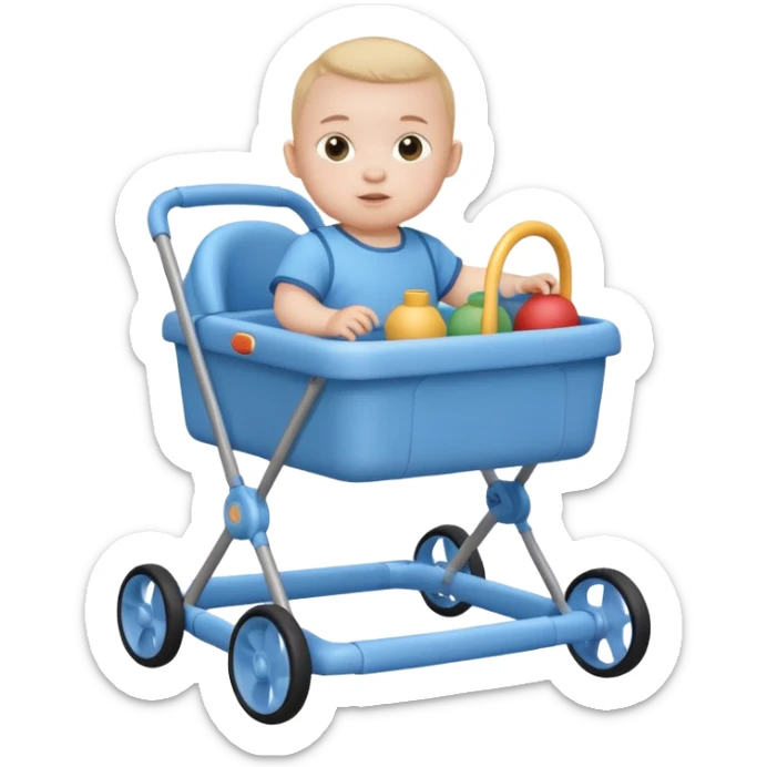 blue baby walker with toys on  it and baby is sittting sticker