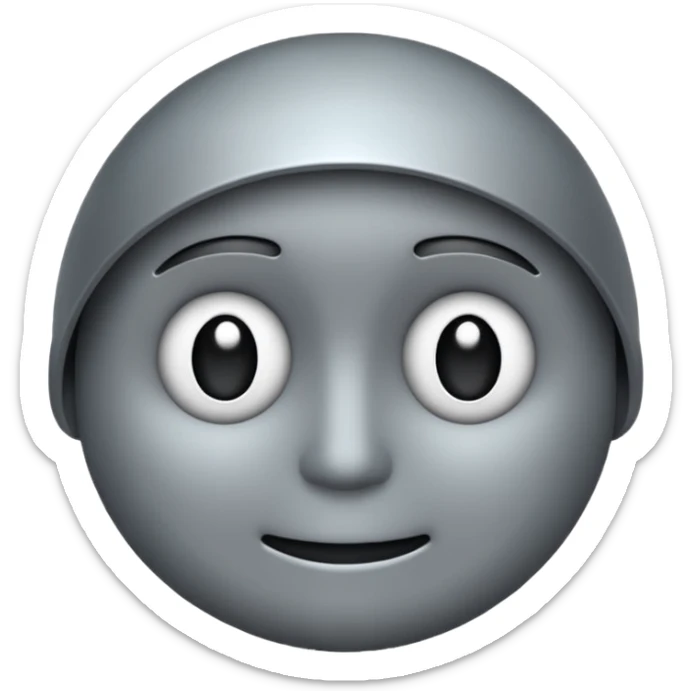 minimalist illustration of a neutral gray emoji face, pixelated and metallic, representing emotional isolation through algorithms. cold tone, grayscale color palette, subtle noise texture, geometric and mechanical look, emotionless expression, digital abstraction, soft vignette on white background. sticker
