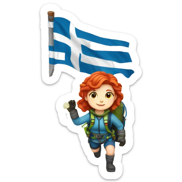 Female winter mountain climber red hair white skin climbing with Greek Flag and Easter eggs basket sticker