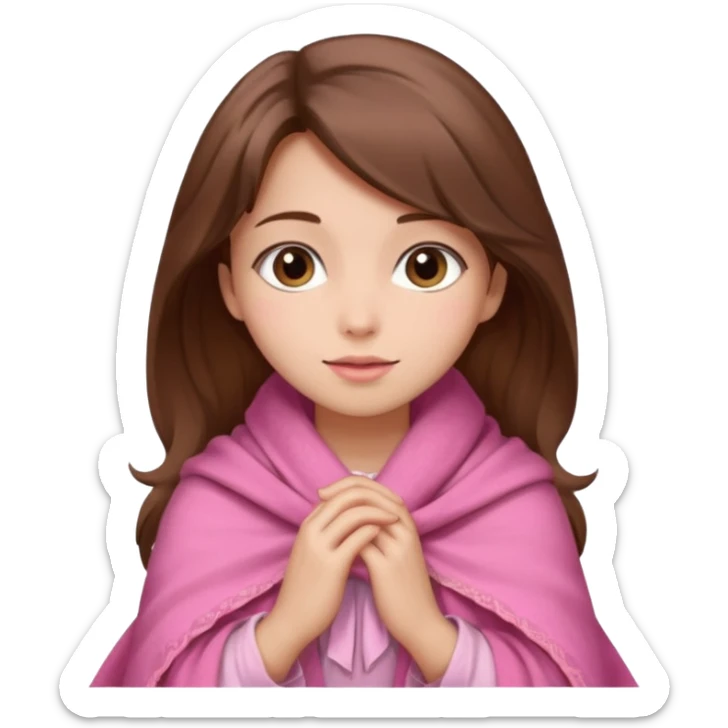 A girl with brown hair, wearing a pink shawl, has beautiful features and her hand rests on the shawl. sticker