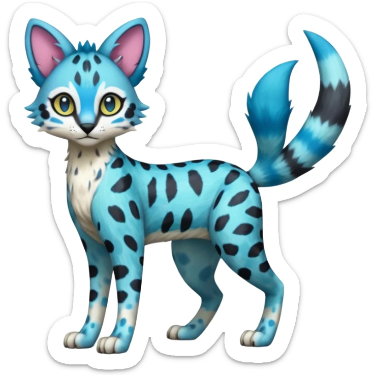 Colorful Meloetta-Sergal-Vernid-Serval-Civet-Genet-Pokémon-Digimon-Fakémon-fusion-hybrid-creature with Cyan stripes and blue leopard-spot-markings  sticker