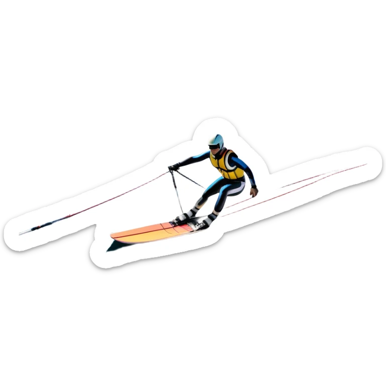 An icon showing water skis on the surface of the water, with ski ropes trailing behind. In the background, a boat fades into the distance, leaving a wake. The focus is on the skis gliding across the water. Transparent background highlights the thrill and speed of water skiing. sticker