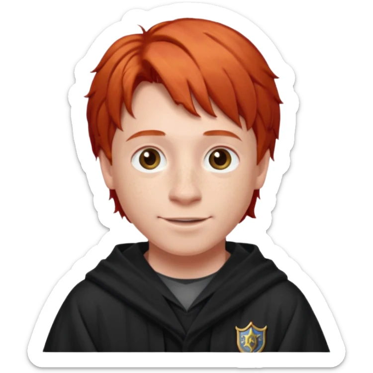 Create a realistic portrait of Ron Weasley with red hair, freckles, Hogwarts robe & warm smile. sticker