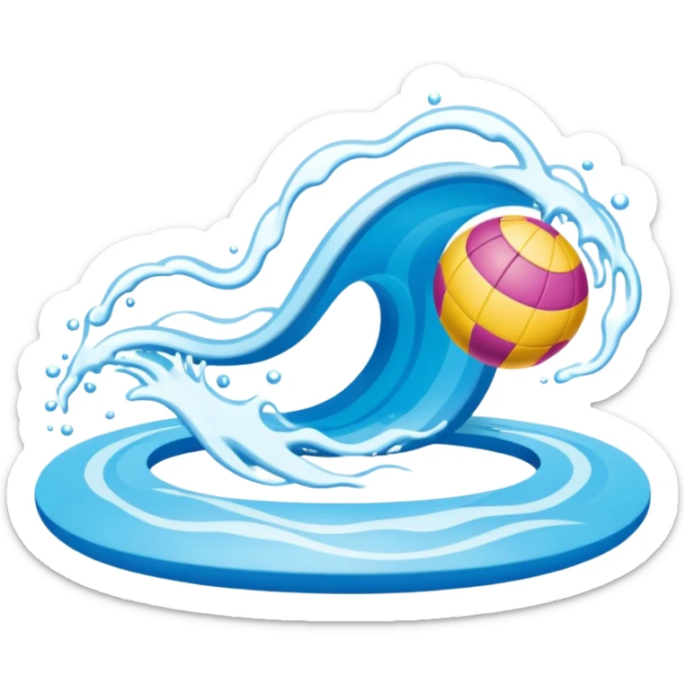 A swimming pool symbol with waves, representing broad sports variety (swimming, gym, classes). Rounded shapes, flat bright colors. sticker