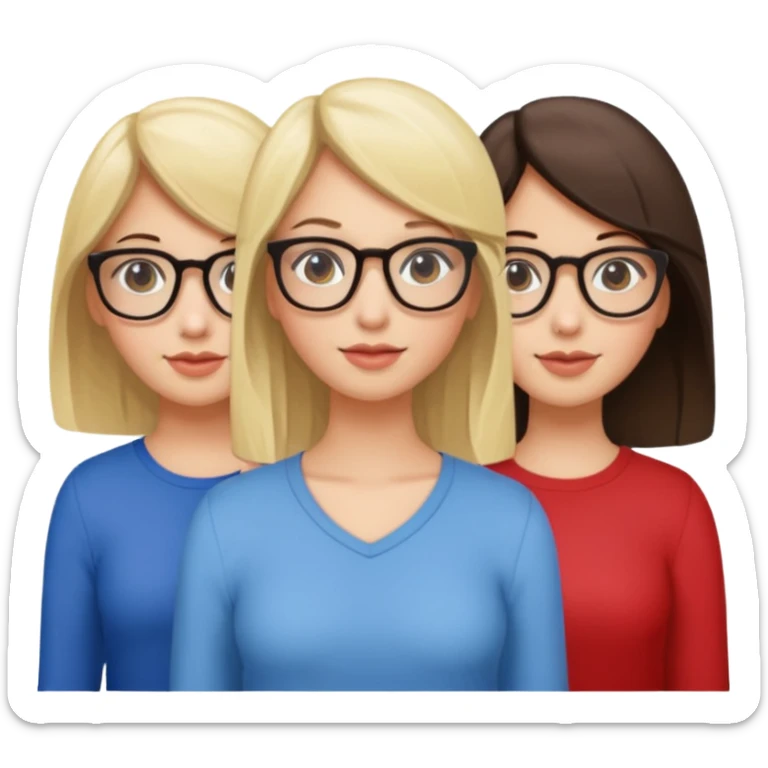 triplet girls, one blonde, one brunette, one brunette with glasses sticker