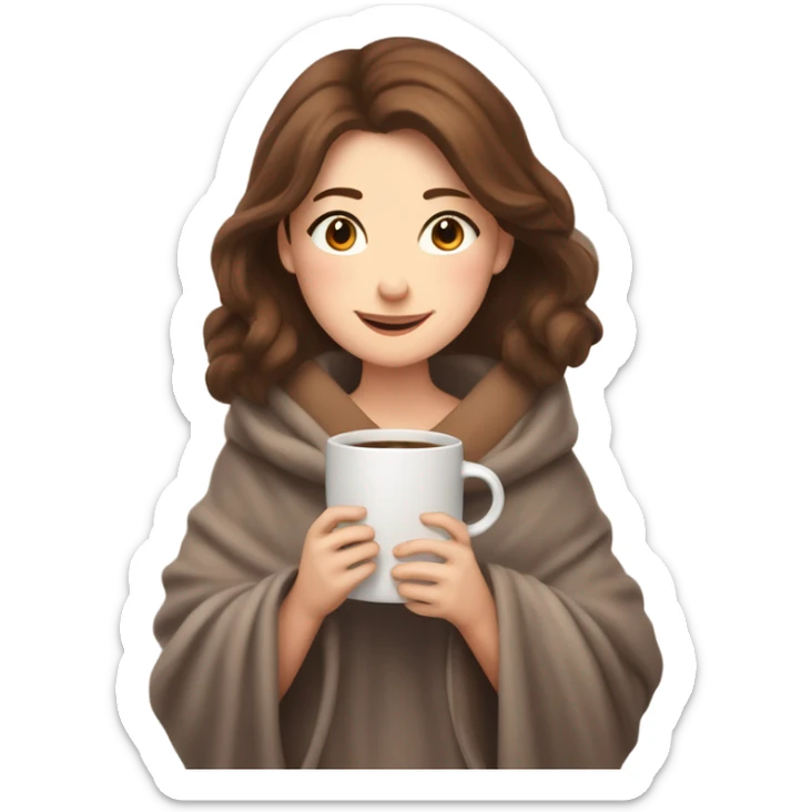 A cozy, heartwarming illustration of a beautiful girl with fair skin and brown hair, sitting comfortably under a soft blanket. She is holding a steaming cup of coffee with both hands, exuding warmth and relaxation. sticker
