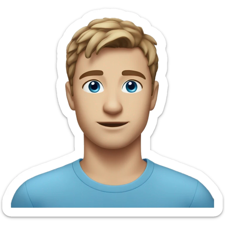 A head and shoulders shot of a 23 year old Caucasian man, with short brown hair,   with blue eyes wearing a t-shirt. sticker