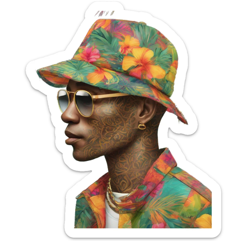 Person vaping wearing a colourful vibrant tropical patchwork of intricate vintage patterns, vape sticker