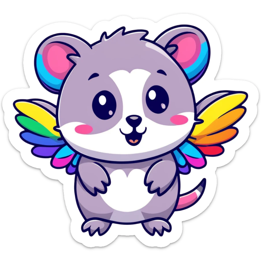 colorful possum with rainbow wings, sparkly halo, lots of glitter sticker