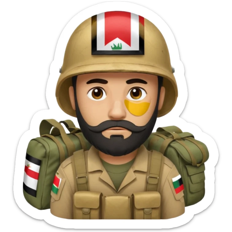 A very tired and sad, swarthy Iraqi soldier with a beard, an Iraqi flag on his helmet, a sad expression and bags under his eyes sticker