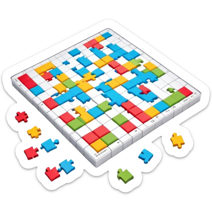 A photorealistic icon with a colorful, fragmented crossword magazine, a 3D puzzle, and a partially completed puzzle on a table. Bright, detailed design with realistic lighting. Transparent background, clearly symbolizing puzzles and brain games. sticker
