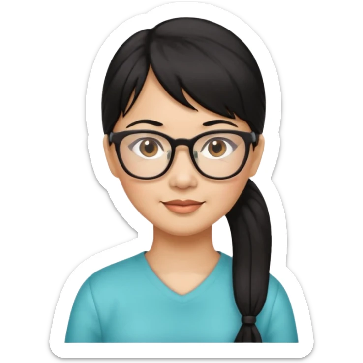 filipino woman black hair in one pony tail with straight bangs and big glasses, 50 yr old sticker