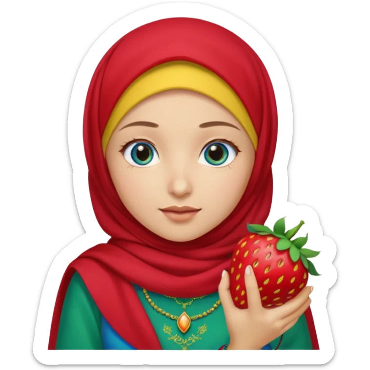 Turkish beautiful finish Konya girl blue eyes with red yellow green hijab islamic dress and had on her hand strawberry  sticker