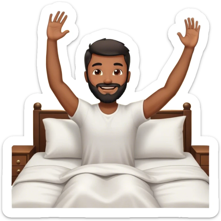 brown black beard happy man waking up out of bed stretching arms with sunshine in the back sticker