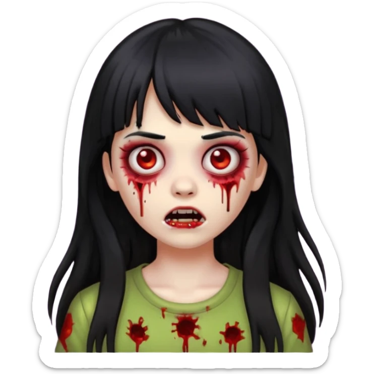 faça o emoji de uma menina zumbi de cabelos longos pretos com franja sticker