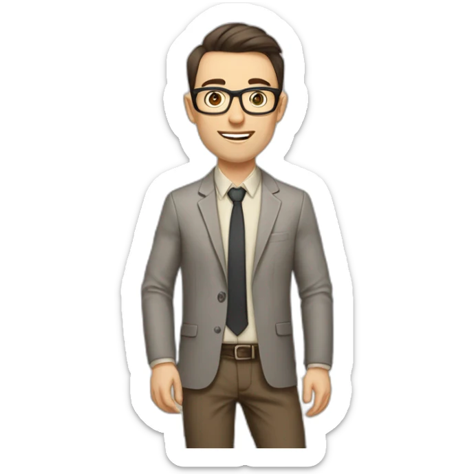 Pale skinned fit man with dark brown hair in gray jacket, beige office shirt, brown tie, brown pants and vintage glasses Writing on the marker board sticker
