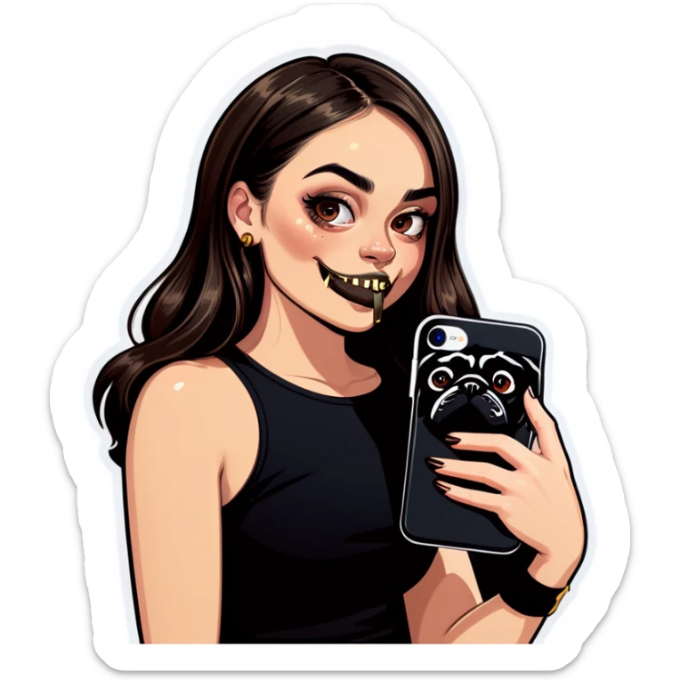 Beautiful young girl with choppy long dark brown hair flows over her her septum piercing is gold and shines as she holds her black phone and her large pug with an underbite layed beside her sticker