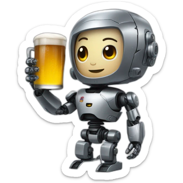 czech cyborg with short dark hair, robotic body and a beer in hand sticker