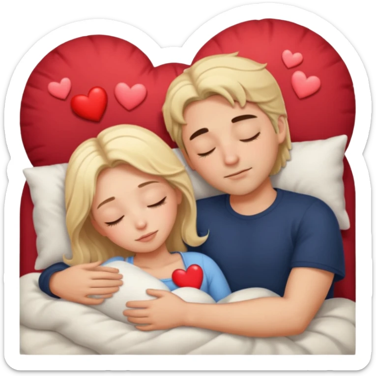 Sleeping romance couple. man has dark hair. woman is blonde. hearts around them. no third person. sticker