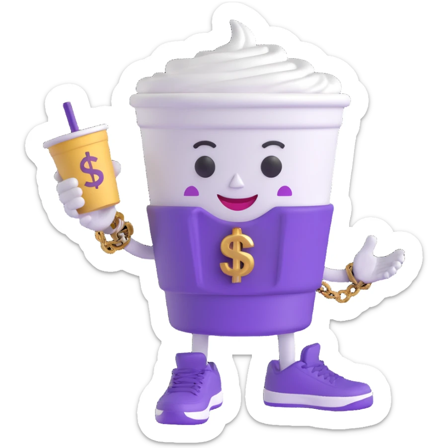 Edit the 3D cartoon character of a white Styrofoam cup with a friendly face, arms, gold chain with dollar sign, and purple Jordan sneakers. Change the swirl portion at the top of the cup to purple while keeping the rest of the character the same. No background. sticker